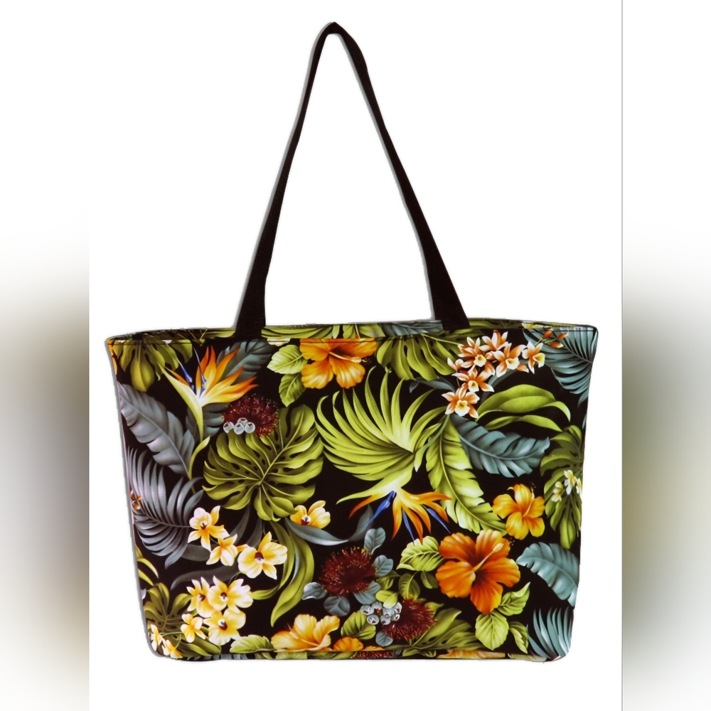 KC Hawaii Tropical Large Tote, Hawaii, Flowers, Black, Multicolor, NWT